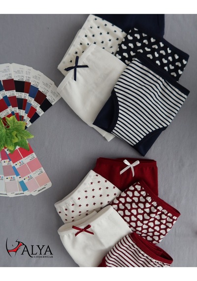 Alya Underwear Kız Çocuk Kalpli Dokuma Lastik Pamuklu Kumaş Slip Külot 5'li Paket 5 Adet Beyaz Multicolor-x29