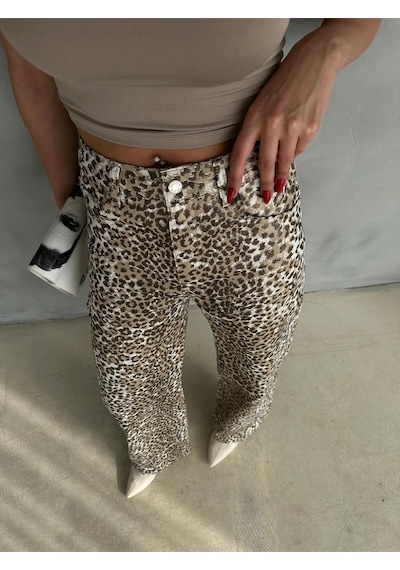 Zeo Basic Gold Leopar Desenli Varak Baskılı Geniş Paça Pantolon Gold-leopar