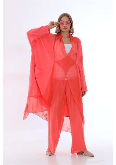Bohem Stil Italyan Ipek Detaylı Oversize Kap Bluz- Wes Pantolon Takım-8789 Görsel