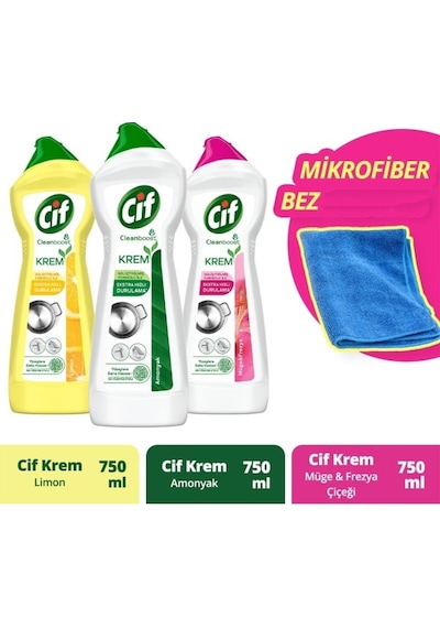 Cif Krem Limon Amonyak Müge Frezya Çiçeği Yüzey Temizleyici 3 x 750 ML + Mikrofiber Bez
