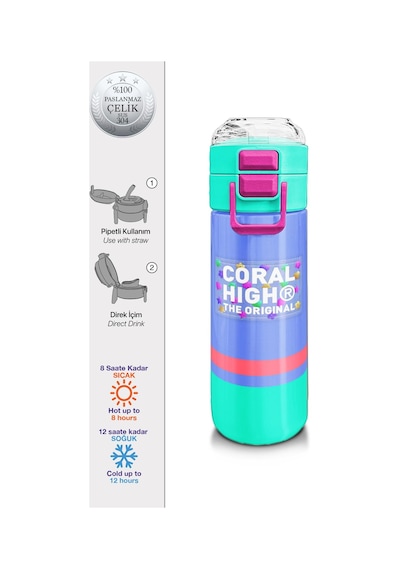 Coral High Kids Derin Mavi Renkli Pipetli Ve Direkt İçim Çelik Termos 500 Ml 31854 Mavi
