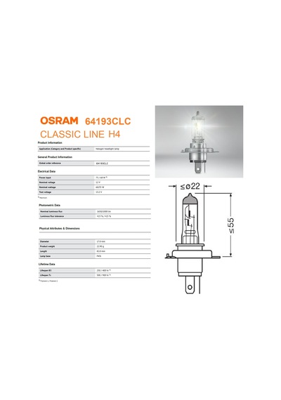 10x Osram 64193clc 12v 60/55w H4 Halojen Far Ampulü Far Sis İçin Standart