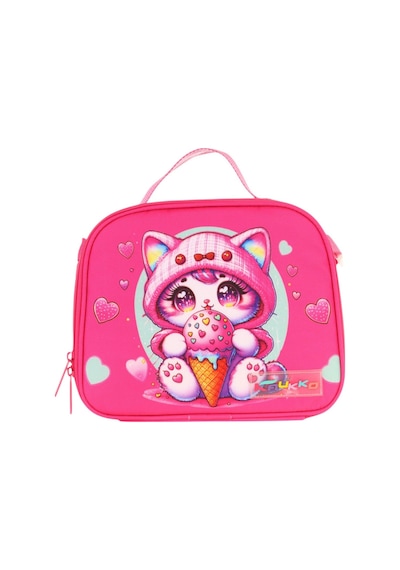 Kaukko Kids Kız Çocuk Isı Yalıtımlı Okul/piknik Beslenme Çantası Dondurma Yiyen Kedi L7250 Fuşya