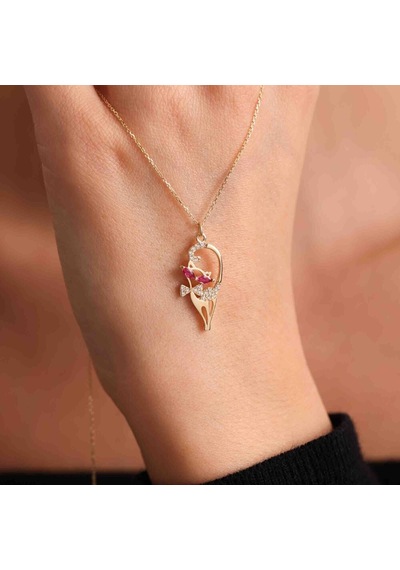 Sevimli Altın Kedi Kolye Ruby T12949