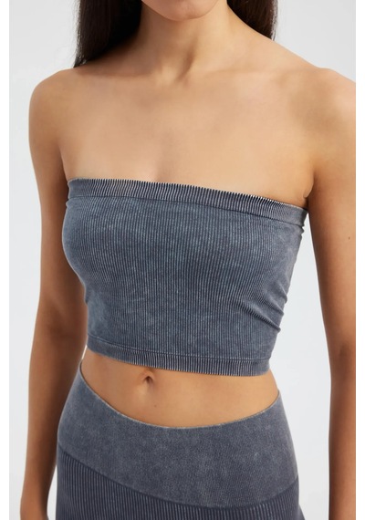 Hiccup Asit Yıkanmış Straplez Nervürlü Crop Top Arduvaz Grisi