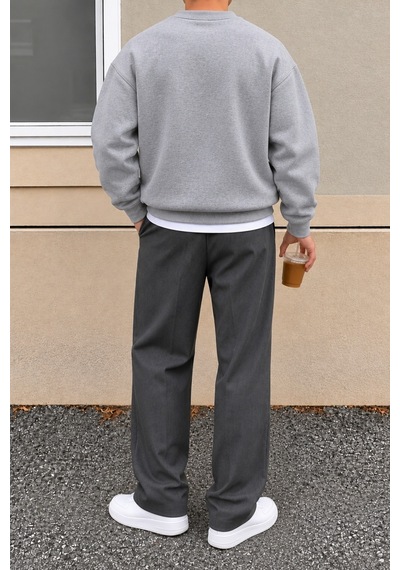 Tarz Cool Erkek 3 İplik Şardonlu Regular Fit Bisiklet Yaka Basic Sweatshirt Gri