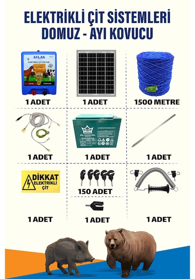 1500mt 15-25 Dönüm Domuz Kovucu Elektrikli Çit Sistemi Kapı Yaylı 24a Akü Ve 25w Güneş Panelli