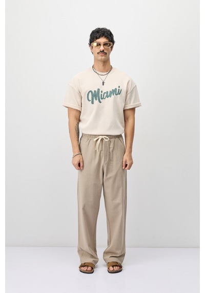 Vamos Bağcıklı Baggy Fit Keten Pantolon Bej