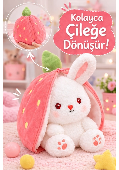 Pembe Çilek Tavşan Peluş Oyuncak 35 Cm Dönüşebilen Çilek Tavşan Yumuşak Peluş Çocuk Hediyesi Diğer