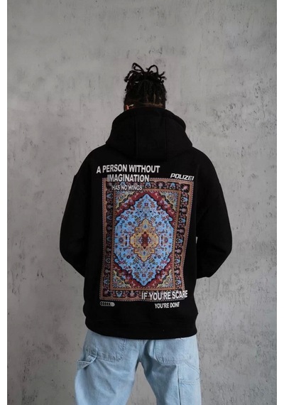 Erkek Kilim Desen Kapüşonlu - Siyah Siyah