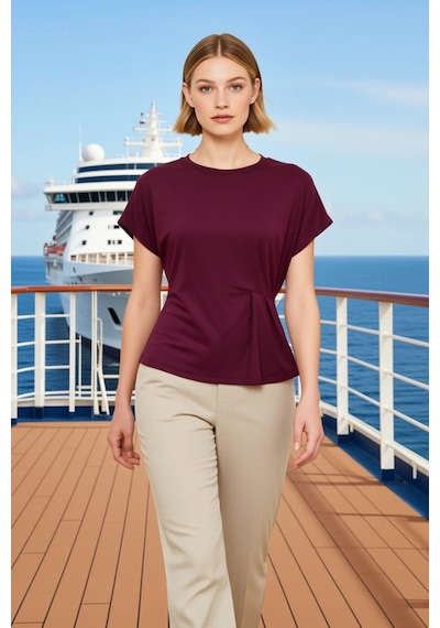 Benerly Kadın T Shirt Kayık Yaka Kısa Kol Relaxed Rahat Kalıp Büzgülü Düz Mürdüm