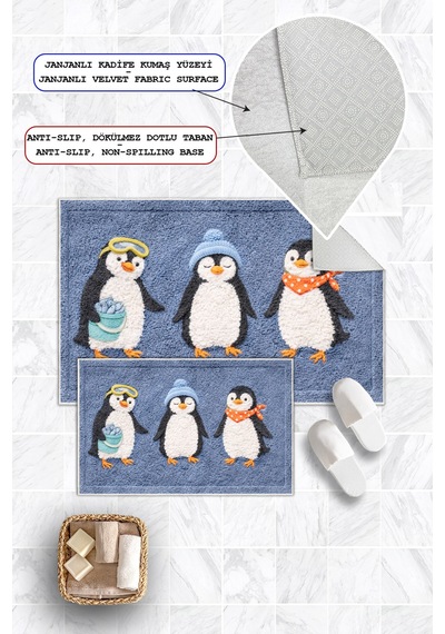Penguen Desenli Dijital Baskılı Yıkanabilir 2li Banyo Paspası 50x60-60x100 lacivert