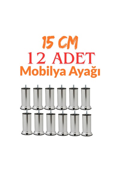 Klc 12 Adet M8 İnce Diş Krom Metal Mobilya Ayağı - Kanepe, Baza, Koltuk Yükseltme Ayağı 15 Cm Gri Gri