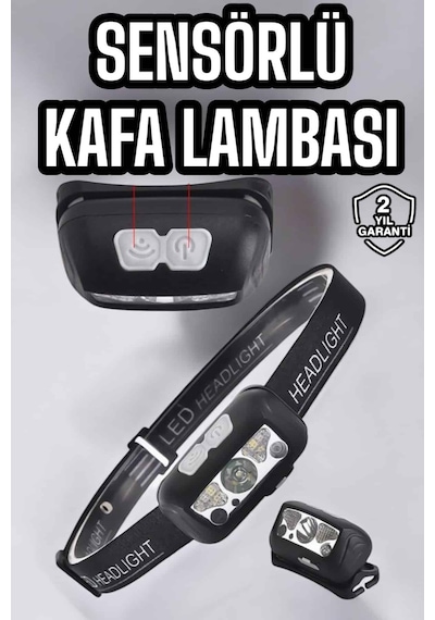 Kafa Lambası Kamp Lambası Sensörlü Şarjlı Ayarlanabilir Siyah