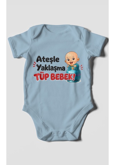 Morivokids Ateşle Yaklaşma Tüp Bebek Kısa Kollu Bebek Body %100 Pamuk Bebe Mavisi