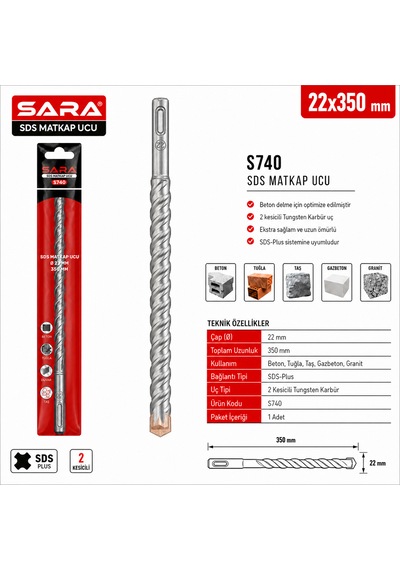 Sara S740 Sds Plus Matkap Ucu 22 X 350 Mm, 2 Kesicili Tungsten Karbür Uçlu