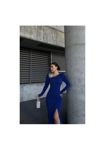 Lior Design Kadın Şık Model Kayık Yaka Taş Detaylı Uzun Kollu Abiye Elbise Saks