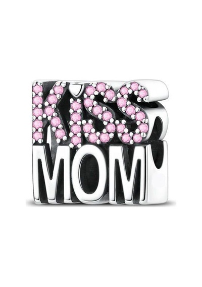 Kiss Mom Yazılı Boncuk Charm Gümüş