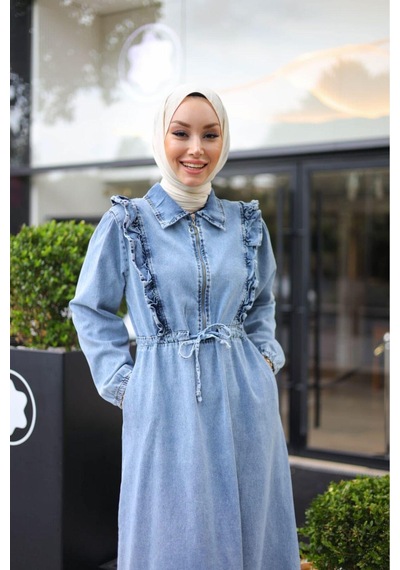 Harman Butik Kadın Fır Fırlı Belden Bağlamalı Denim Kot Elbise Kotmavi Kotmavi