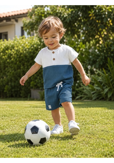 Babyhola Erkek Bebek Müslin Kumaş Şortlu Takım Yazlık Kısa Kollu 2 Li Takım 22455 Mavi