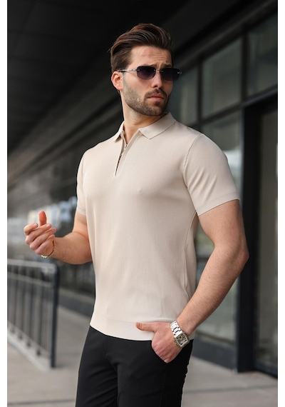 Madmext Taş Rengi Yarım Fermuarlı Polo Yaka Triko Erkek Tişört E7459 Taş
