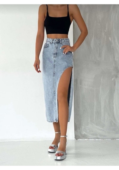 Pass&Pass 2094 Kadın Likrasız Yandan Yırtmaçlı Jeans Kot Denim Etek Beyaz
