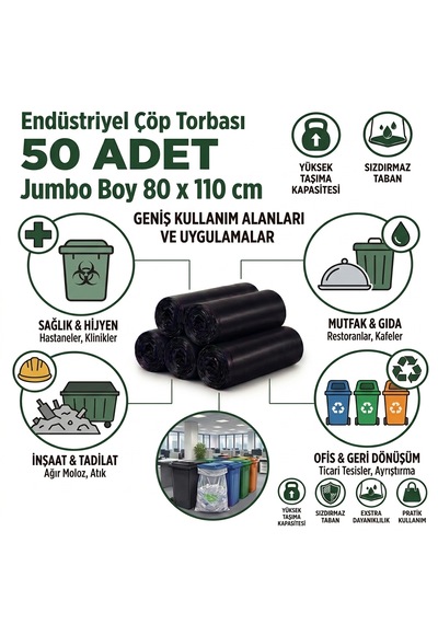 Jumbo Boy Endüstriyel Çöp Poşeti 80x110 Cm 50'li - 400 Gram Ağır Hizmet Tipi Kalın Torba