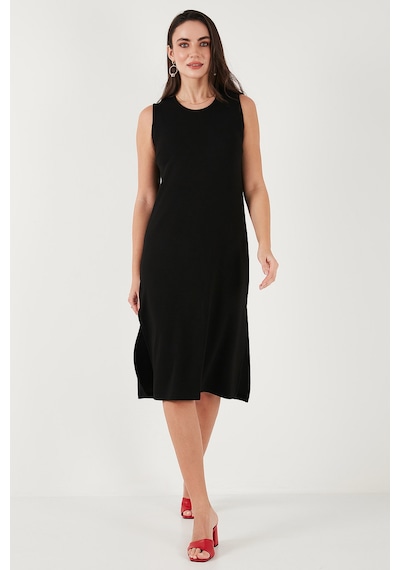 Lela Regular Fit Bisiklet Yaka Yırtmaç Detaylı Basic Midi Bayan Elbise 5866160 Siyah