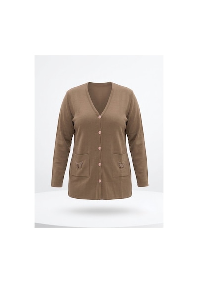 Onno Style Women Cebi Kelebek Taşlı Çelik Örgü Klasik Triko Ceket Vizon