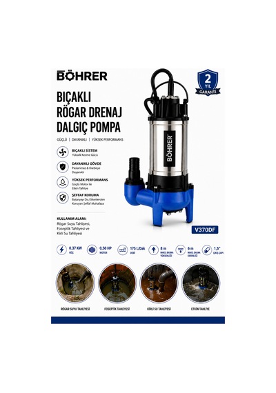 V370df Bıçaklı Rögar Drenaj Dalgıç Pompa 0.50 Hp 175 L/dak Paslanmaz Kirli Su Foseptik Tahliy