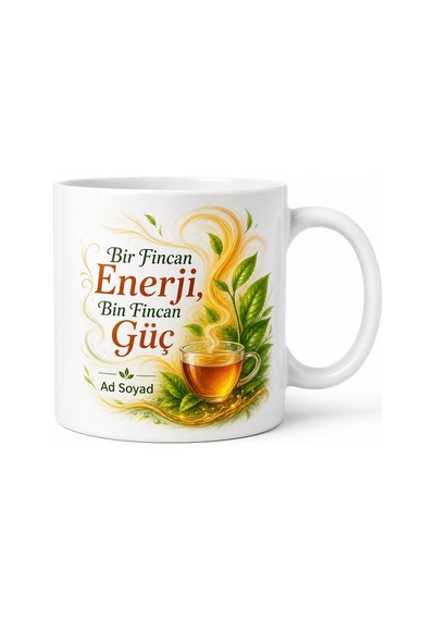 Enerji Çayı Temalı Baskılı Kupa Bardak Hediye Özel Tasarım Porselen Mug Beyaz / Çok Renkli