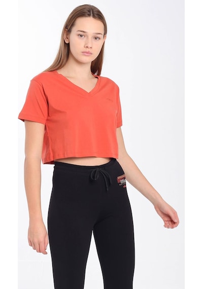 Maraton Sportswear Regular Kadın V Yaka Kısa Kol Basic Kiremit Crop Top 21236 Kiremit
