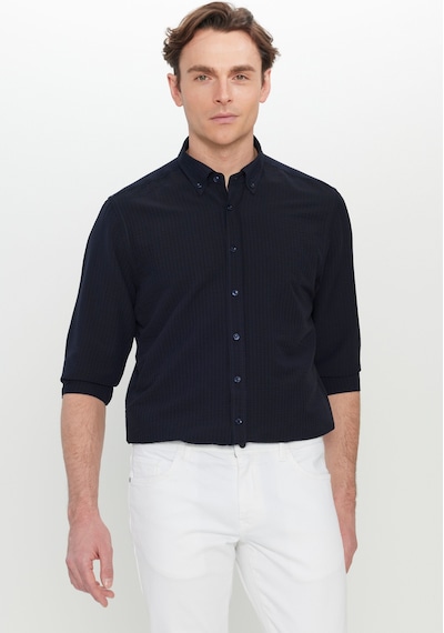 AC&Co / Altınyıldız Classics Erkek Lacı Slim Fit Dar Kesim Düğmeli Yaka Armürlü Gofre Desenli Gömlek Lacı Lacivert AC&Co / Altınyıldız Classics Erkek Lacı Slim Fit Dar Kesim Düğmeli Yaka Armürlü Gofre Desenli Gömlek Lacı Lacivert