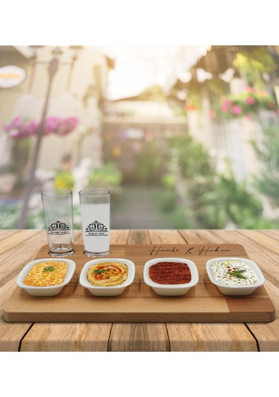 Kişiye Özel İsimli 2 Li Rakı Bardağı Ve Meze Tabaklı Doğal Masif Ahşap Servis Sunum Tepsisi Model 12