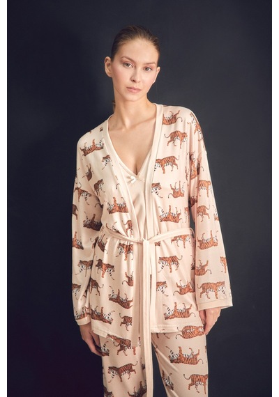 Fullamoda Kaplan Desenli V Yaka 3 Lü Pijama Takımı 24mıcg631216523-bej Bej