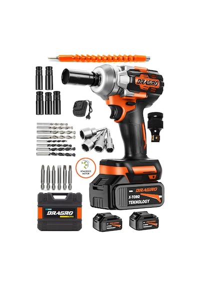 Dragro Alman 450NM DRG-598VF 20 AH Kömürsüz Çift Bataryalı Somun Sökme Sıkma Makinesi 32 Parça Full Setli Turuncu
