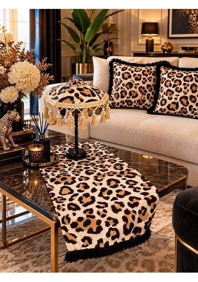 Missidea Leopard Luxury Desenli Dekoratif Masa Üstü Lambası Bali Şemsiyesi Seti Şemsiye + Runner + 2 Li Kırlent Kılıfı Çok Renkli 69841645