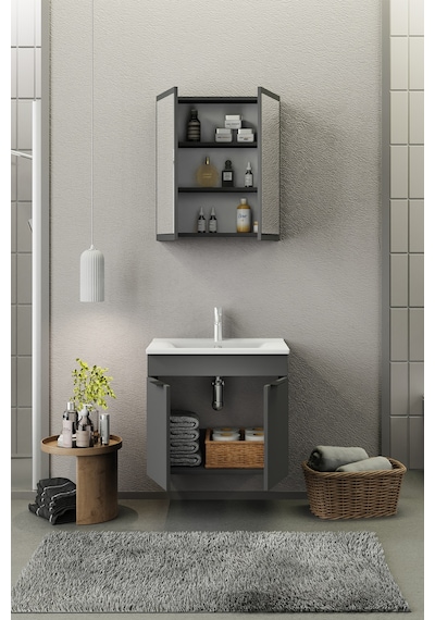 Biani Fix Loft 65 Cm Banyo Dolabı,Seramik Lavabolu, Aynalı,Lavabo Dahil,Mdf,Mat Gri Biani Fix Loft 65 Cm Banyo Dolabı,Seramik Lavabolu, Aynalı,Lavabo Dahil,Mdf,Mat Gri