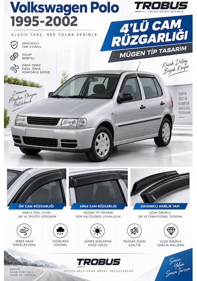 Plus Volkswagen Polo Classic / Sedan Uyumlu Siyah Sport Rüzgarlık 1996-2001 4'lü