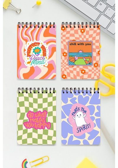 Huzurlu Ve Mutlu Temalı 4'lü Set A6 Metal Üst Spiralli 2 Ad. Çizgili- 2 Ad. Kareli Karton Kapak Huzurlu Ve Mutlu Tasarım Temalı 4'lü Set Defter Çok Renkli