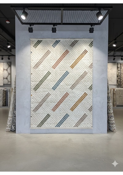 Konak Halı Renkli Modern Halı Geometrik Desenli Emboss Saçaklı Salon Halısı Krem
