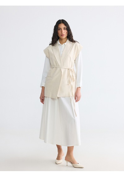 Lcw Modest Ekru Keten Karışımlı Beli Kuşaklı Kadın Klasik Yelek