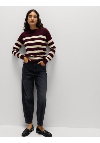 Marks & Spencer Air-yarn Çizgili Yuvarlak Yaka Triko Kazak Bordo