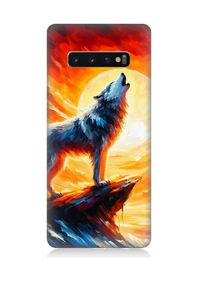 Samsung Galaxy S10 Uyumlu Kayalıkta Uluyan Kurt Yalnızlığı Desenli Silikon Kılıf Çok Renkli