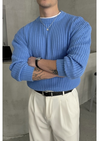 Erkek Fitilli Örme Oversize Kazak Mavi