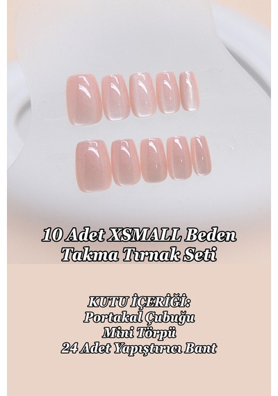 Xsmall Beden Kedi Gözü Tırnak 10 Adet Takma Tırnak Seti T001 Soft Pembe