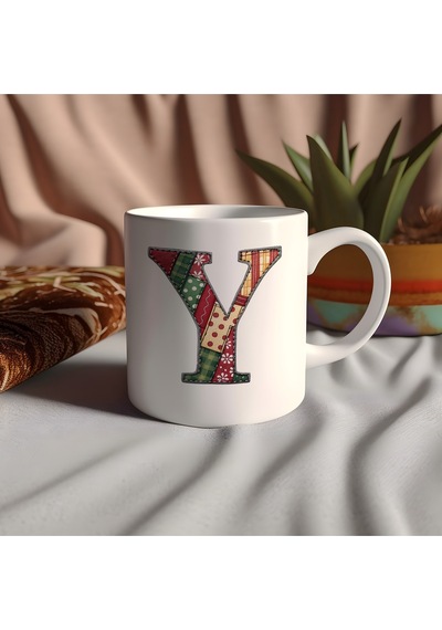 Y Harfi Yılbaşı Temalı Kupa Bardak - Yeni Yıl Konsept Yamalı Efekt Tasarım - Noel Hediye Beyaz