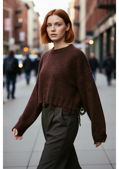 Ersefa Kadın Casual Crop Oversize Bisiklet Yaka Triko Kazak Düşük Kol Ak kahverengi