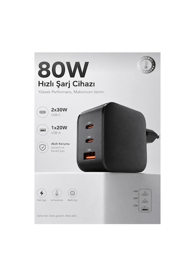80w Hızlı Şarj Aleti 3 Portlu Type-c To Type-c Kablolu Usb-c Usb-a Pd Adaptör Apple iPhone Uyumlu Samsung