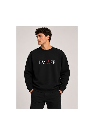 Herkesemoda İ'am Off Desen Baskılı Bisiklet Yaka Şardonlu 2 İplik Sweatshirt Siyah